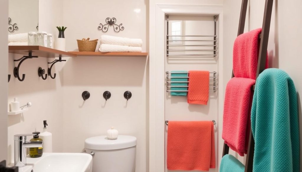 Creative towel storage in a space-saving bathroom