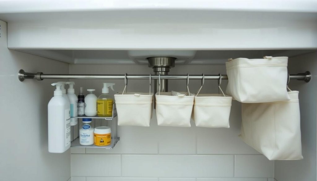 Creative under sink storage using tension rods