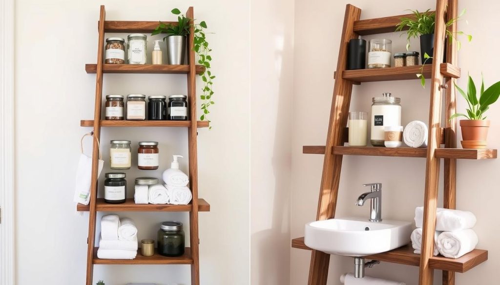 DIY bathroom shelf ideas using upcycled ladder