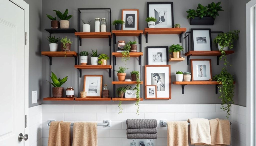 DIY bathroom shelving gallery wall