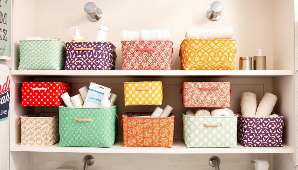 DIY fabric storage bins for bathroom shelving