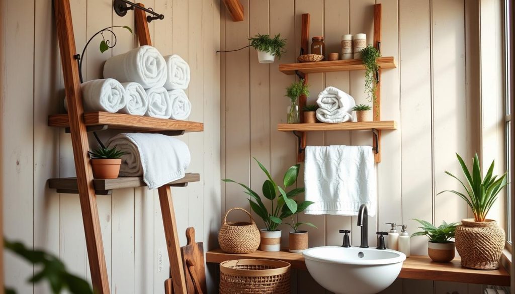 DIY ladder shelves for bathroom storage