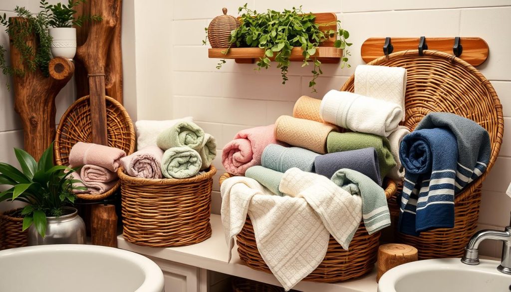 Decorative towel displays in rustic baskets