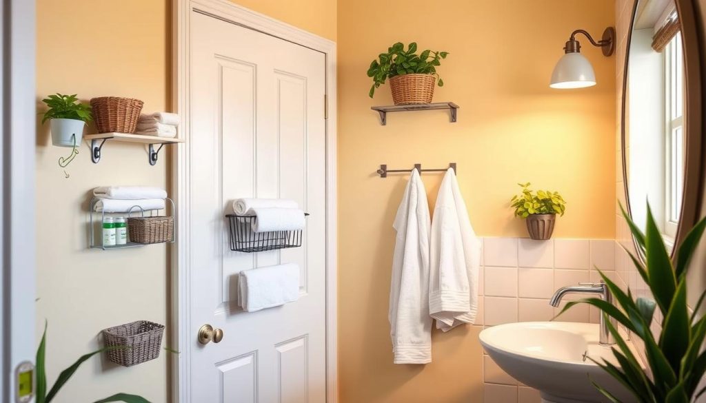 Functional bathroom storage utilizing door space