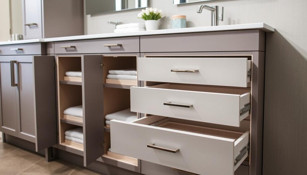 Hidden vanity compartments in custom bathroom vanity cabinets