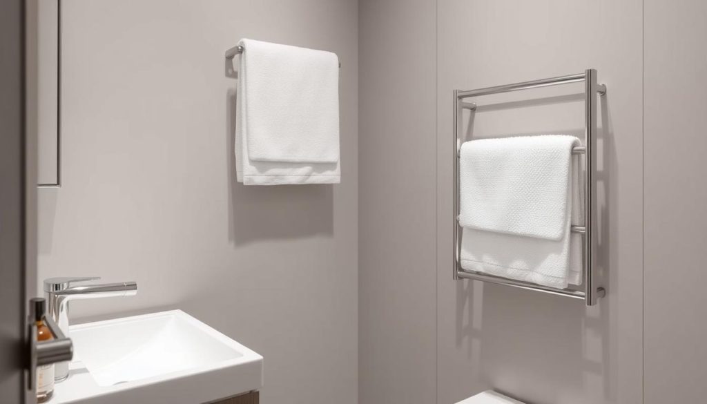 Minimalist bathroom design with sleek towel storage