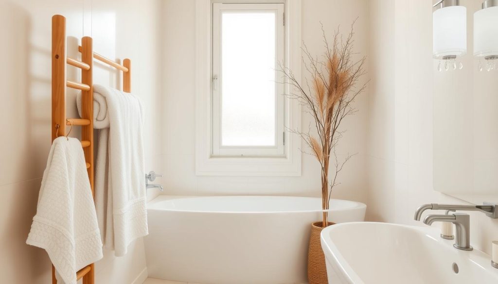 Neutral bathroom with luxury bath towels