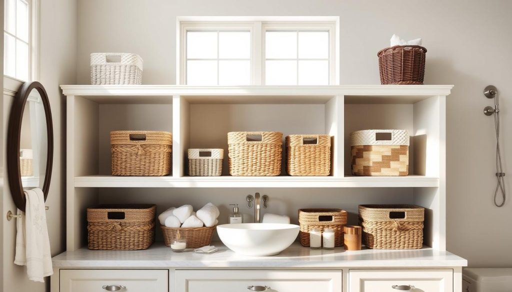 Open shelving vanity with decorative baskets