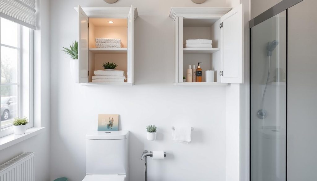 Over-toilet cabinets for bathroom storage