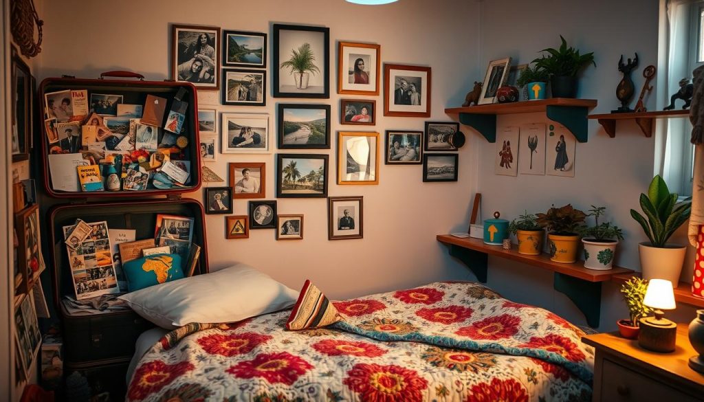 Personal mementos in a small bedroom