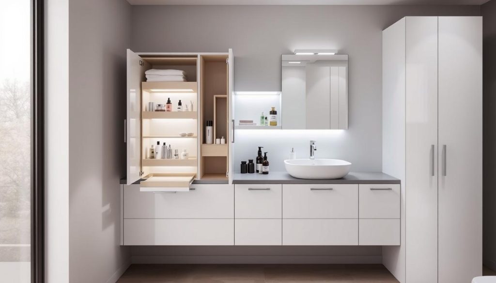 Pull-out storage systems for bathroom vanity organization