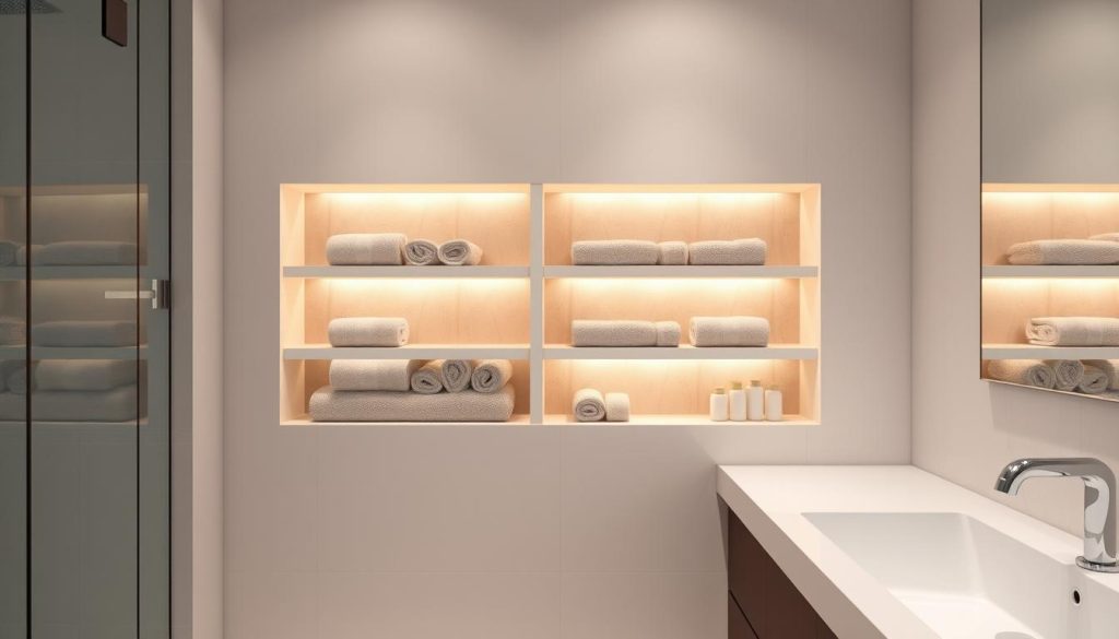 Recessed shelves in bathroom