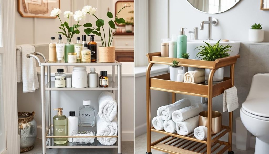 Repurposed bar cart for bathroom storage