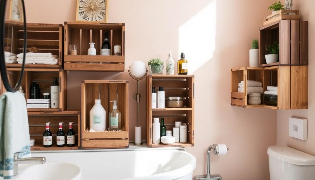 Repurposed bathroom storage boxes