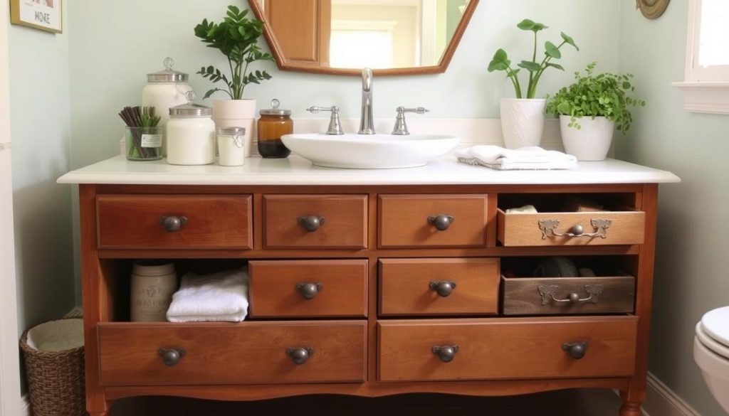 Repurposed bathroom vanity storage