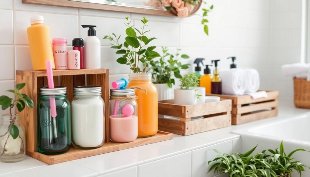 Repurposed containers for bathroom storage