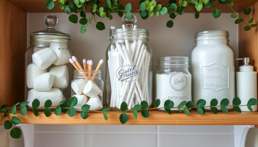 Repurposed glass jars for bathroom storage