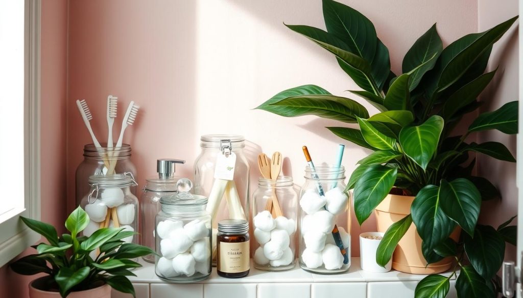 Repurposed glass jars for bathroom storage