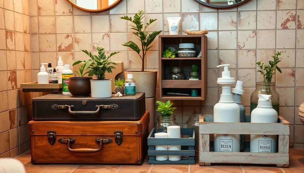 Repurposed storage containers in bathroom