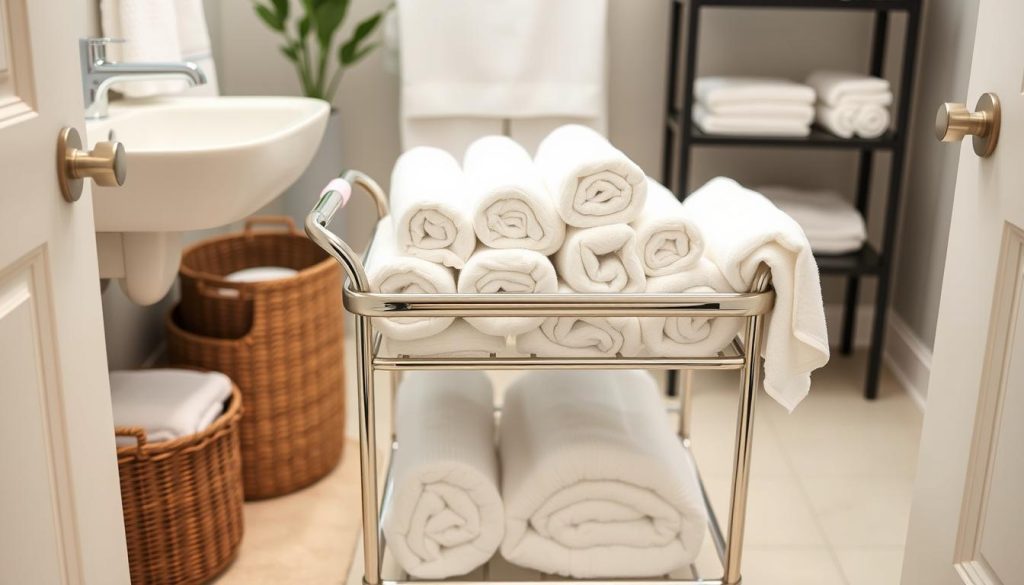 Rolling towel carts for bathroom organization