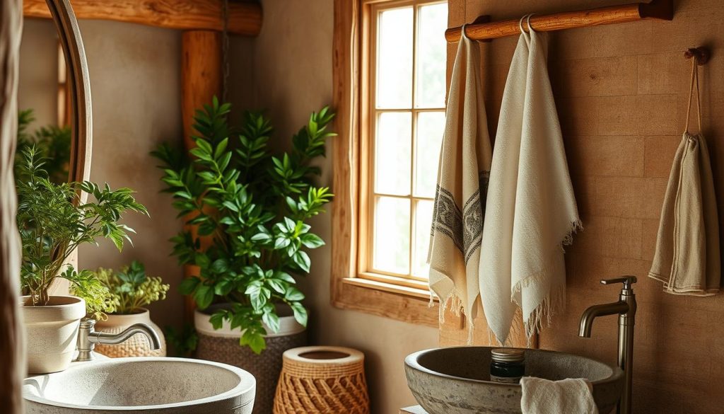 Rustic bathroom decor with natural towel materials