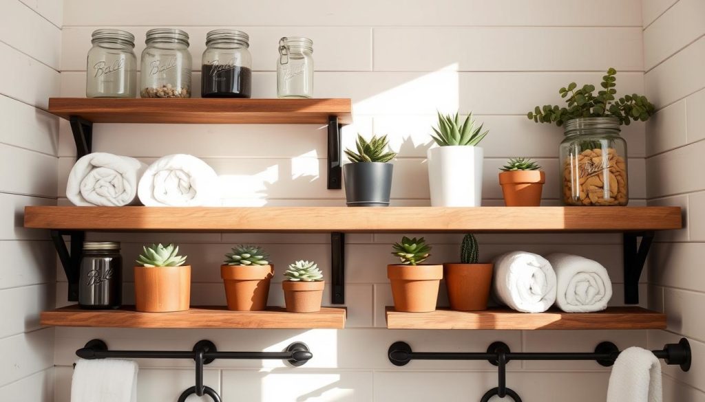 Rustic farmhouse style bathroom shelf decor