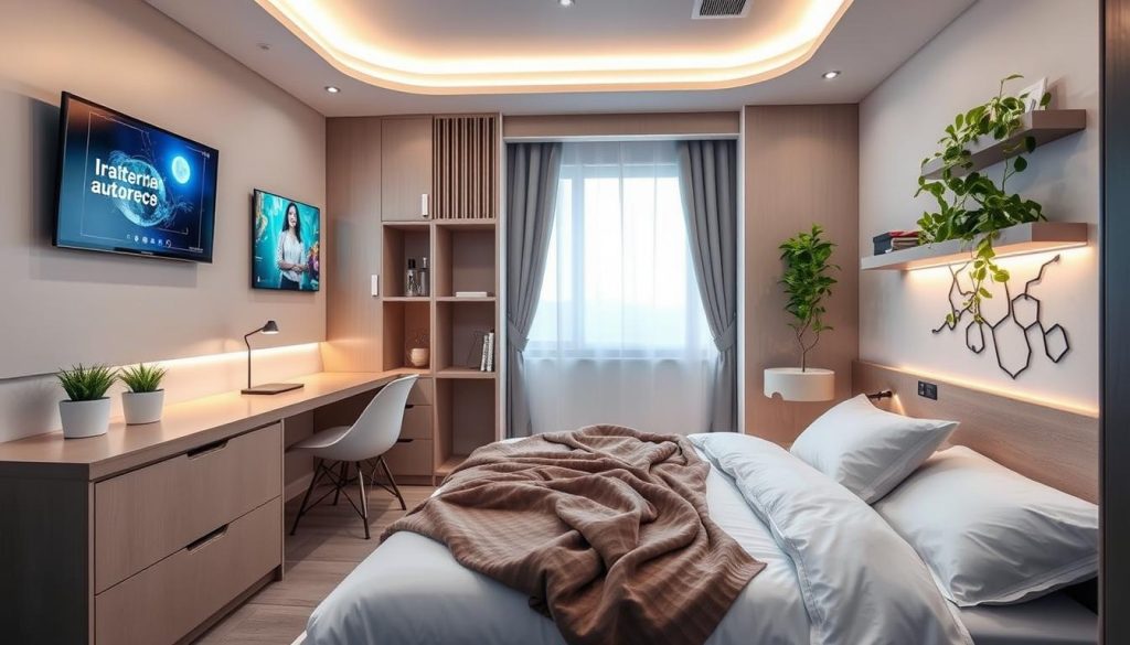 Smart home technology in compact bedroom design