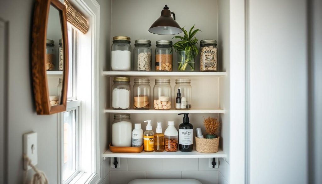 Space-saving bathroom solutions using mason jars