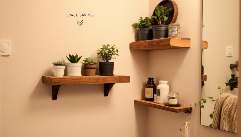 Space-saving corner shelves for rustic bathroom decor