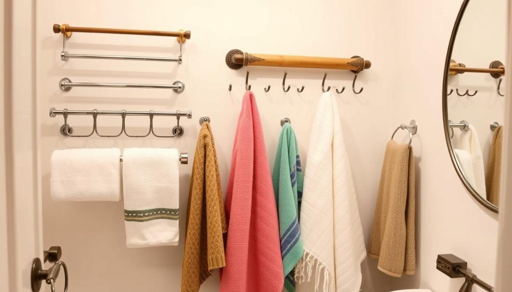 Towel bars and hooks for bathroom storage