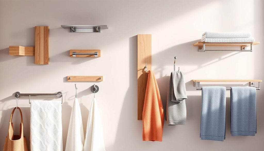 Towel hooks and racks for bathroom organization