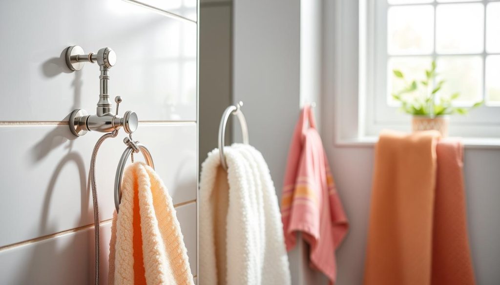 Towel hooks and rings in bathroom