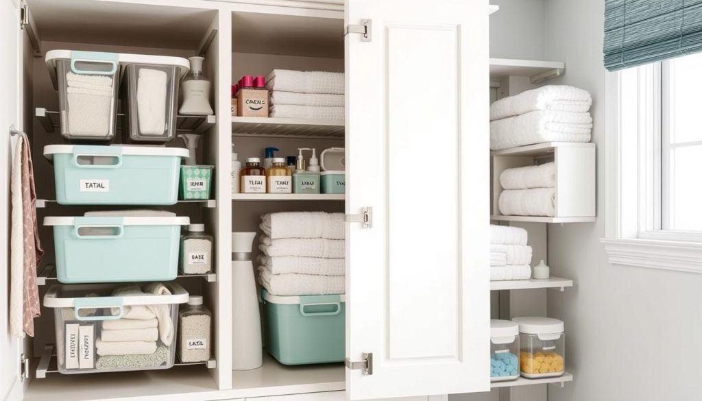 Vertical storage solutions for bathroom cabinet organization