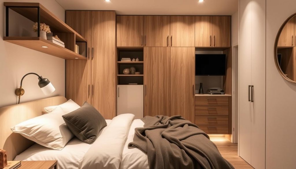 Vertical storage solutions in a small bedroom