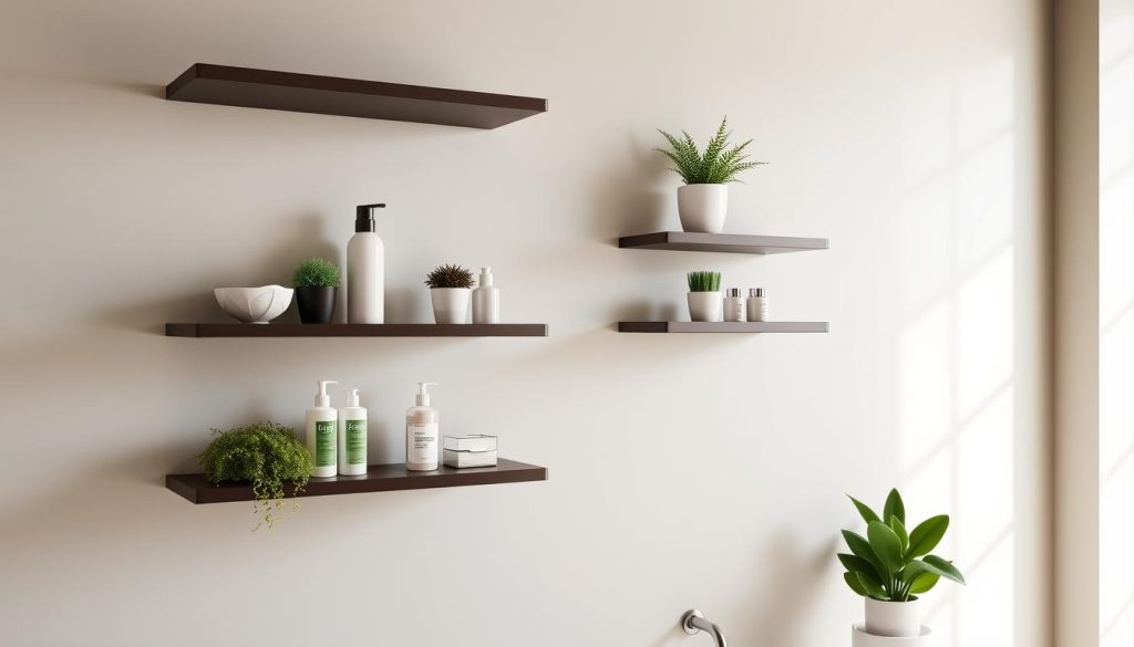 Wall-mounted shelves in bathroom