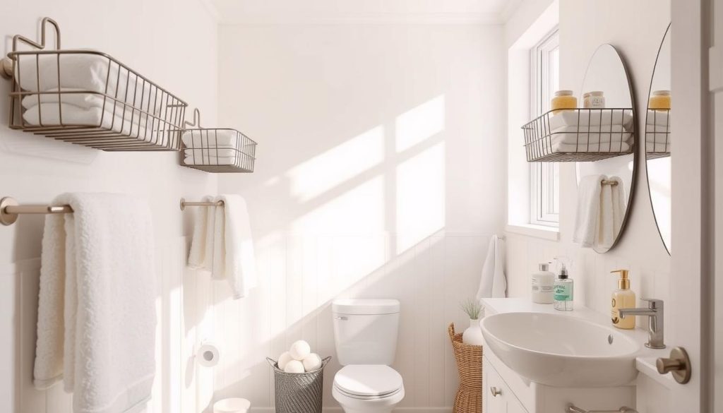 Wire baskets repurposed for bathroom storage