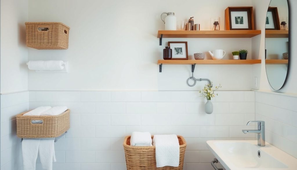 bathroom storage solutions with baskets and shelves