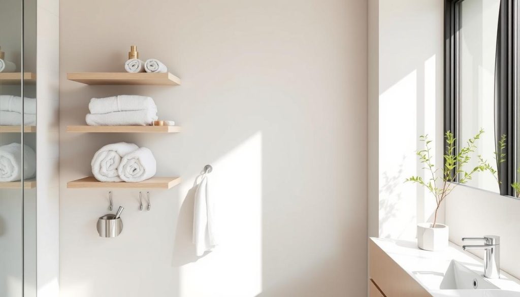 minimalist bathroom design with towel storage