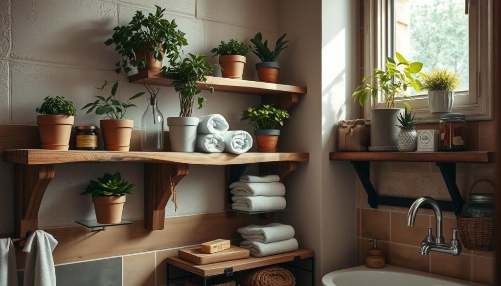 rustic bathroom decor with wooden shelves