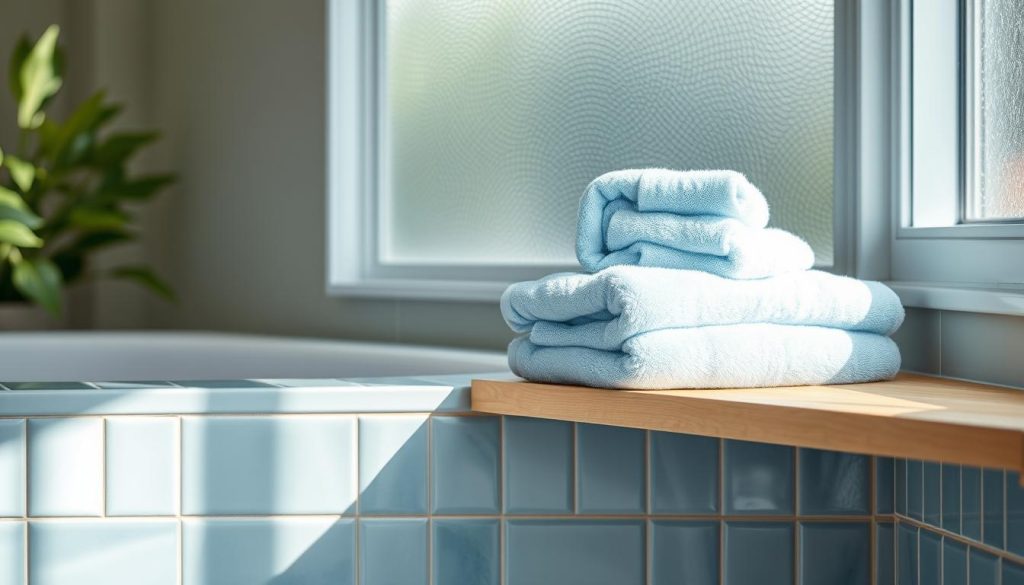 spa-like bathroom towels in blue tones