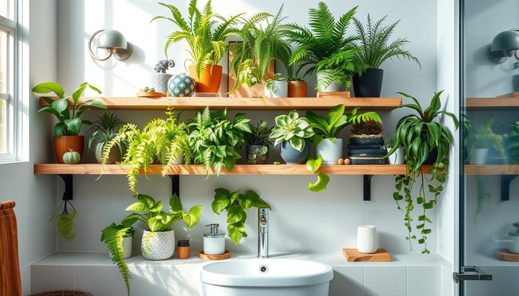 Bathroom shelves with plants