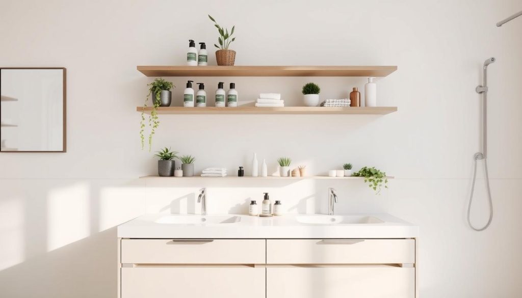 Bathroom vanity organization with floating shelves