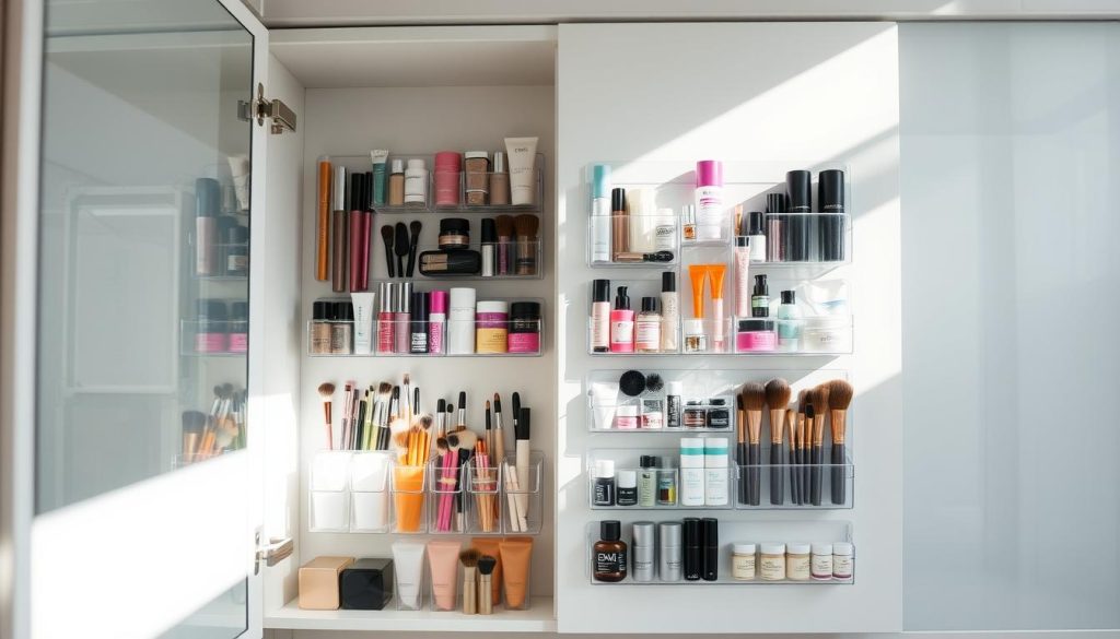 Cabinet space with hanging makeup organizers