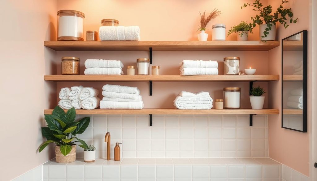 Cohesive color scheme for bathroom shelves