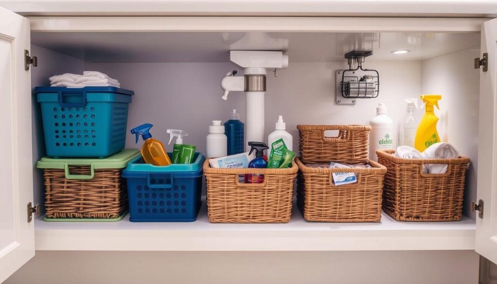 Creative under-sink storage with baskets and bins