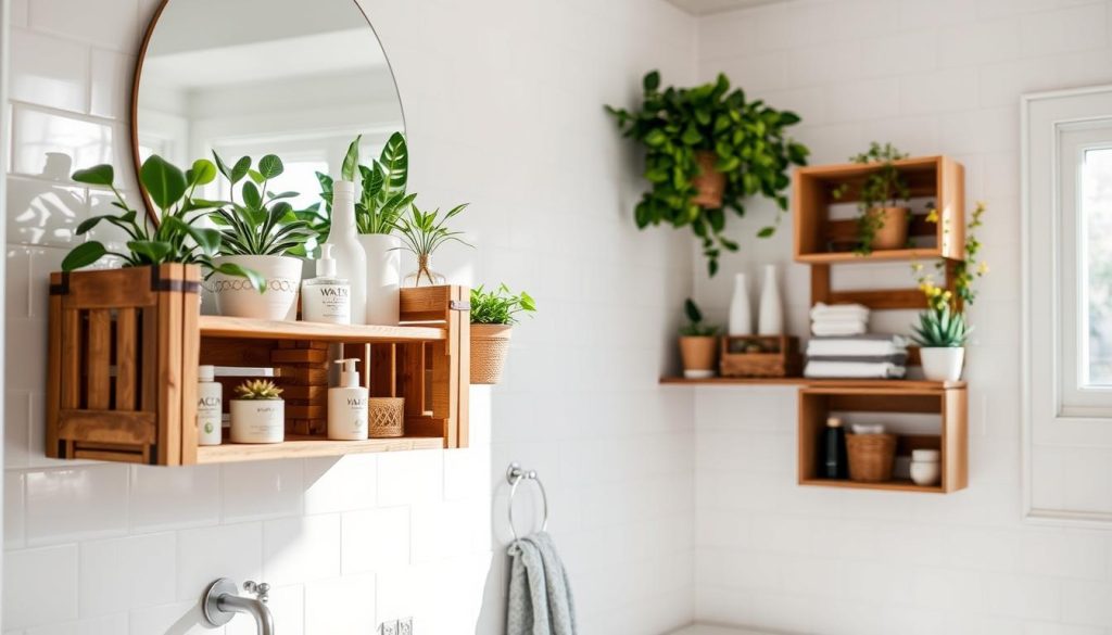 DIY bathroom shelves using upcycled materials