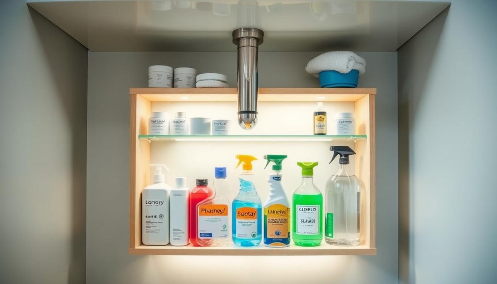 DIY under sink shelving for cleaning supplies