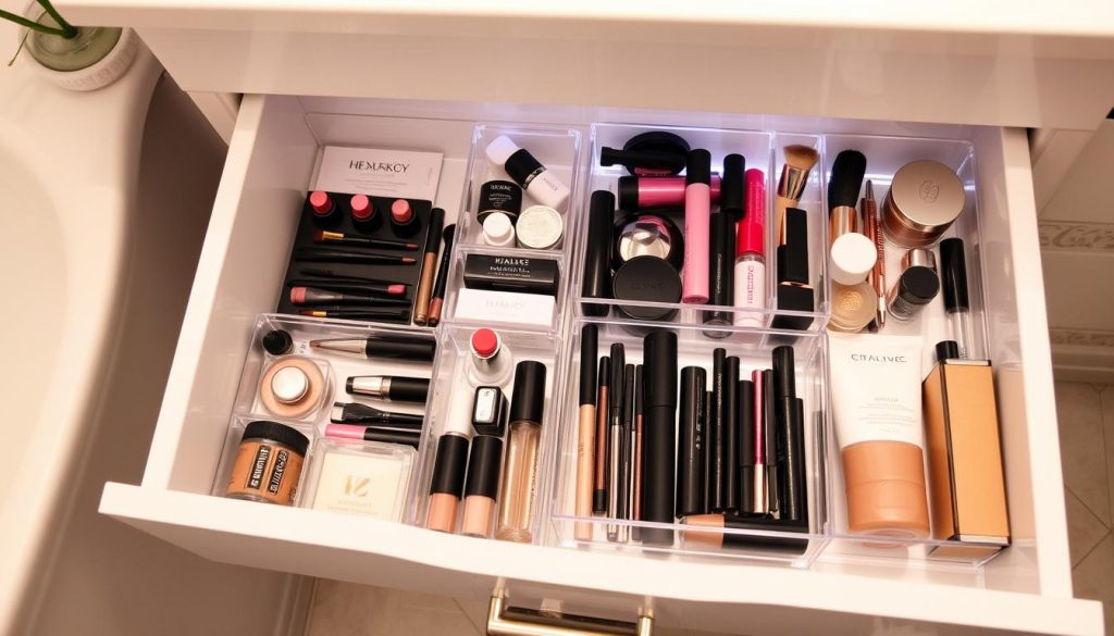 Drawer organization for bathroom makeup storage