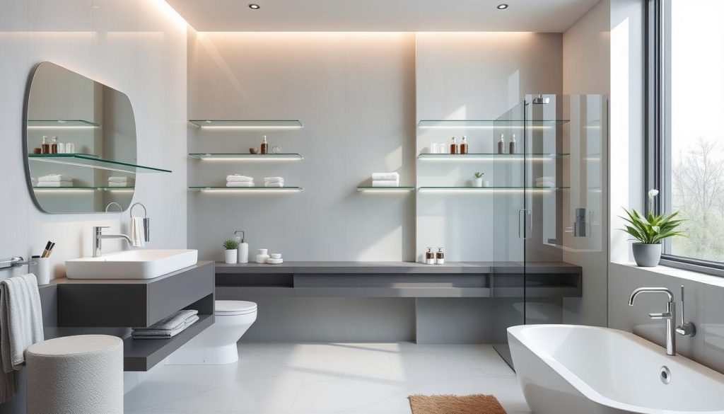 Glass shelves in modern bathroom design