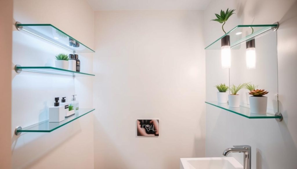 Glass shelves in small bathroom